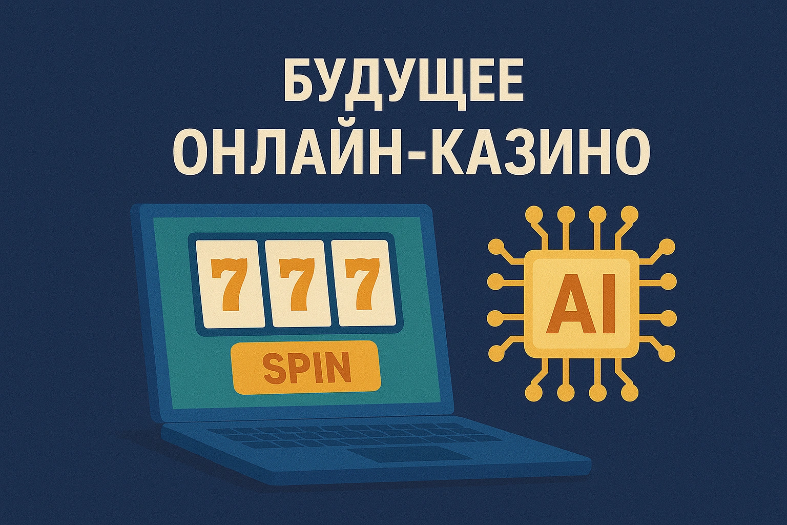 Искусственный интеллект и слот-машина на экране ноутбука с надписью «Будущее онлайн-казино»