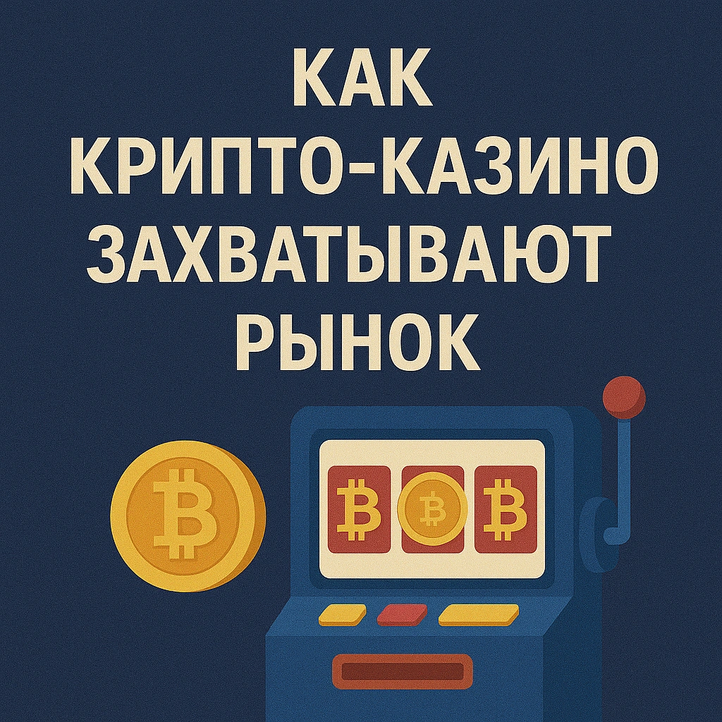 Слот-машина с биткоинами и заголовком «Как крипто-казино захватывают рынок»