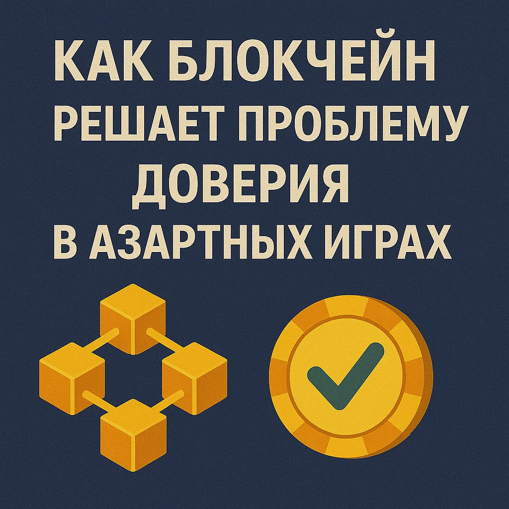 Блокчейн-схема и фишка с галочкой на фоне заголовка «Как блокчейн решает проблему доверия в азартных играх»