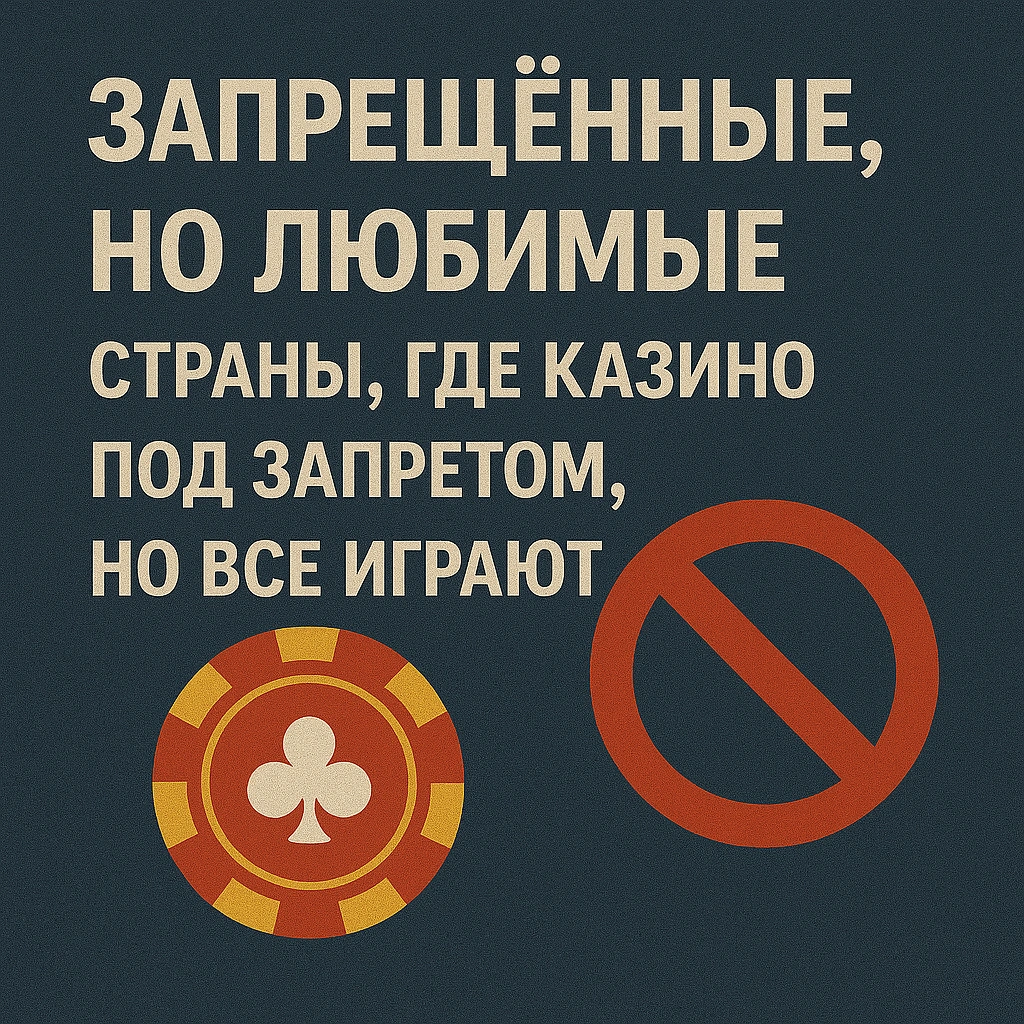 Фишка казино и знак запрета на фоне заголовка «Запрещённые, но любимые: страны, где казино под запретом, но все играют»