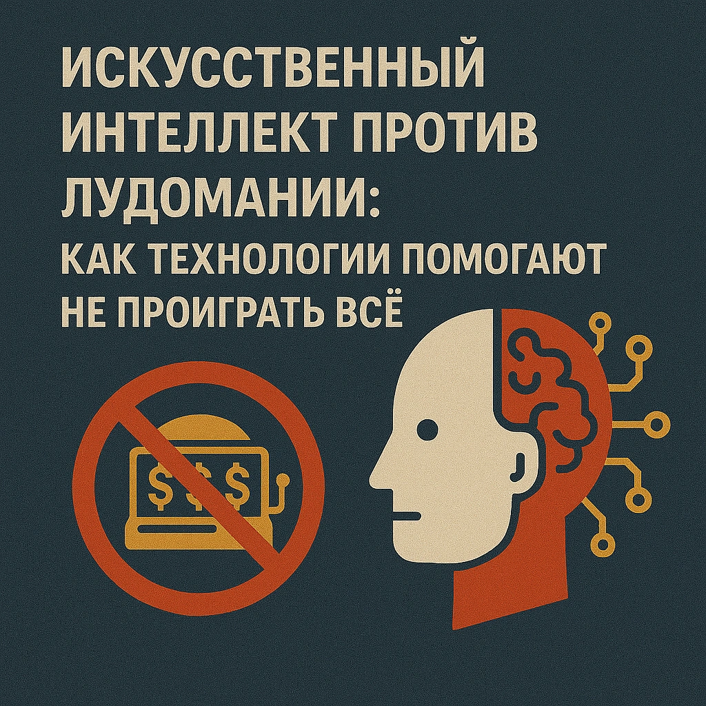 Иллюстрация с символом ИИ и запретом на слот-машину, подчёркивающая тему «Искусственный интеллект против лудомании»